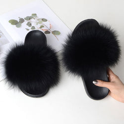 Women Summer Casual Fur Slippers Flat Non-Slip Solid Real Fox Hair Slides Large Size Fur Sandals Free Shipping