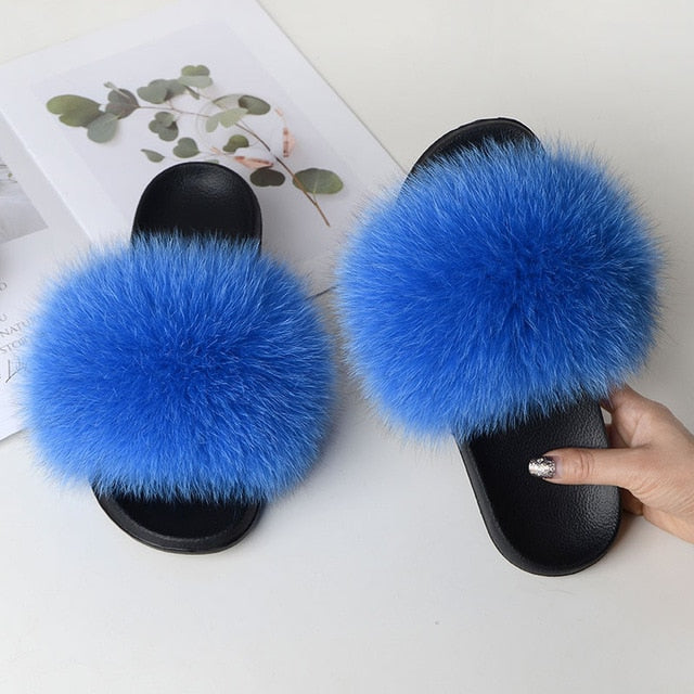 Women Summer Casual Fur Slippers Flat Non-Slip Solid Real Fox Hair Slides Large Size Fur Sandals Free Shipping