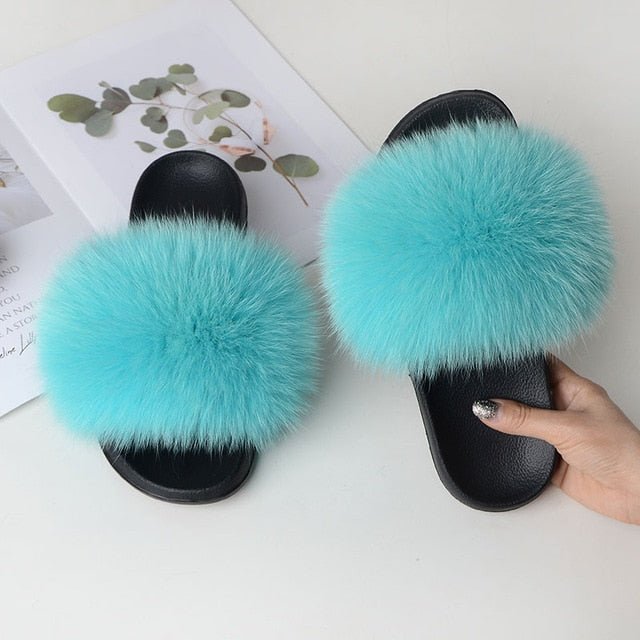 Women Summer Casual Fur Slippers Flat Non-Slip Solid Real Fox Hair Slides Large Size Fur Sandals Free Shipping