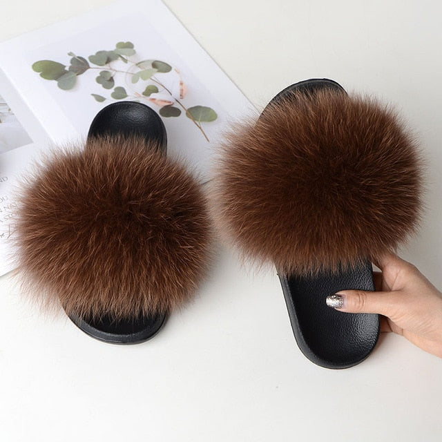 Women Summer Casual Fur Slippers Flat Non-Slip Solid Real Fox Hair Slides Large Size Fur Sandals Free Shipping