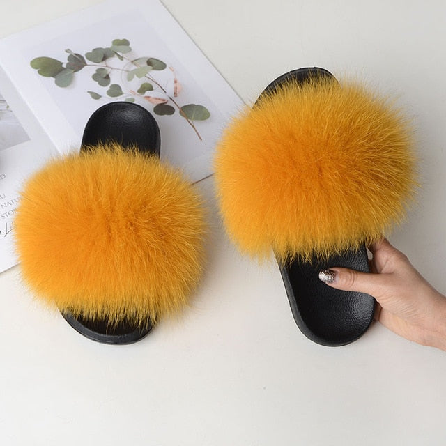 Women Summer Casual Fur Slippers Flat Non-Slip Solid Real Fox Hair Slides Large Size Fur Sandals Free Shipping