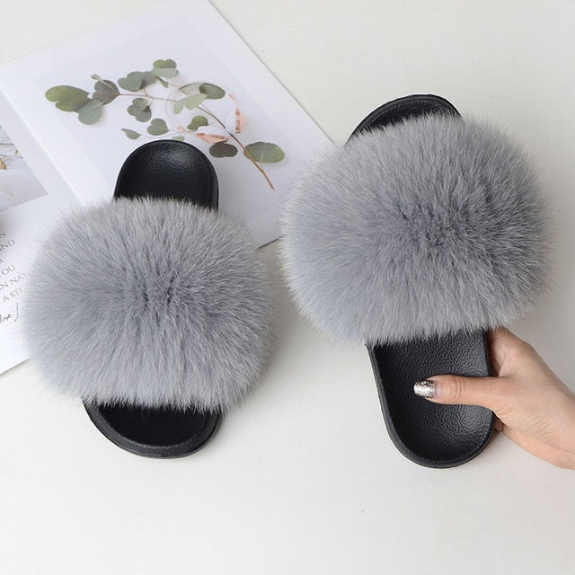 Women Summer Casual Fur Slippers Flat Non-Slip Solid Real Fox Hair Slides Large Size Fur Sandals Free Shipping