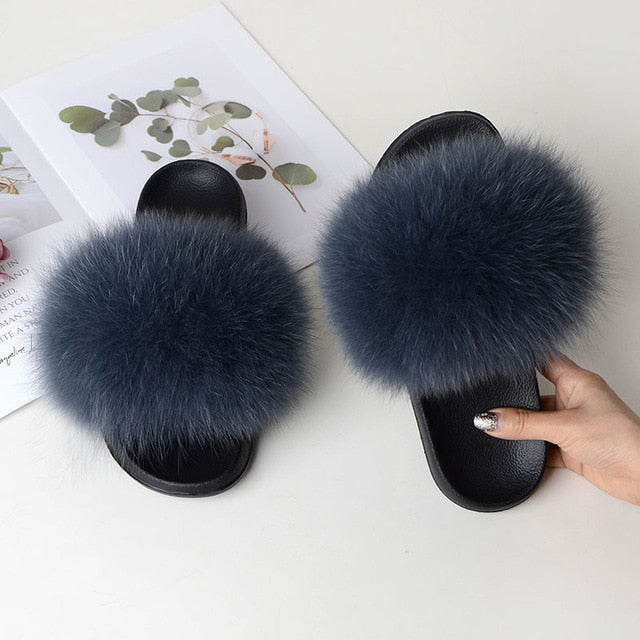 Women Summer Casual Fur Slippers Flat Non-Slip Solid Real Fox Hair Slides Large Size Fur Sandals Free Shipping