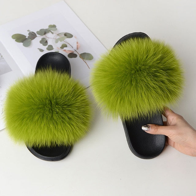 Women Summer Casual Fur Slippers Flat Non-Slip Solid Real Fox Hair Slides Large Size Fur Sandals Free Shipping