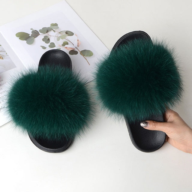 Women Summer Casual Fur Slippers Flat Non-Slip Solid Real Fox Hair Slides Large Size Fur Sandals Free Shipping