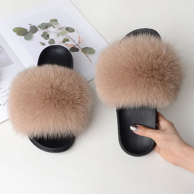 Women Summer Casual Fur Slippers Flat Non-Slip Solid Real Fox Hair Slides Large Size Fur Sandals Free Shipping