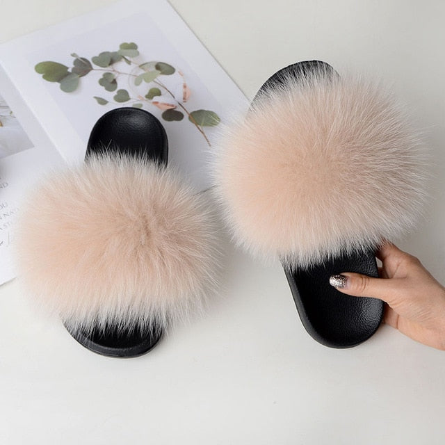 Women Summer Casual Fur Slippers Flat Non-Slip Solid Real Fox Hair Slides Large Size Fur Sandals Free Shipping