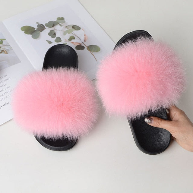 Women Summer Casual Fur Slippers Flat Non-Slip Solid Real Fox Hair Slides Large Size Fur Sandals Free Shipping