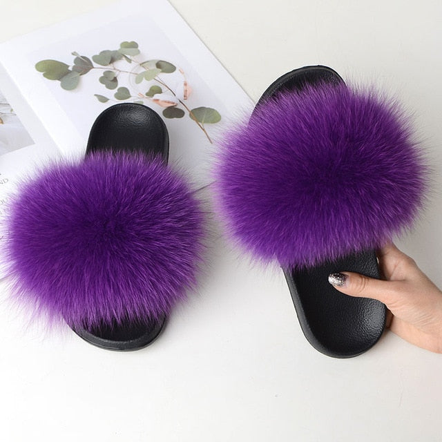 Women Summer Casual Fur Slippers Flat Non-Slip Solid Real Fox Hair Slides Large Size Fur Sandals Free Shipping