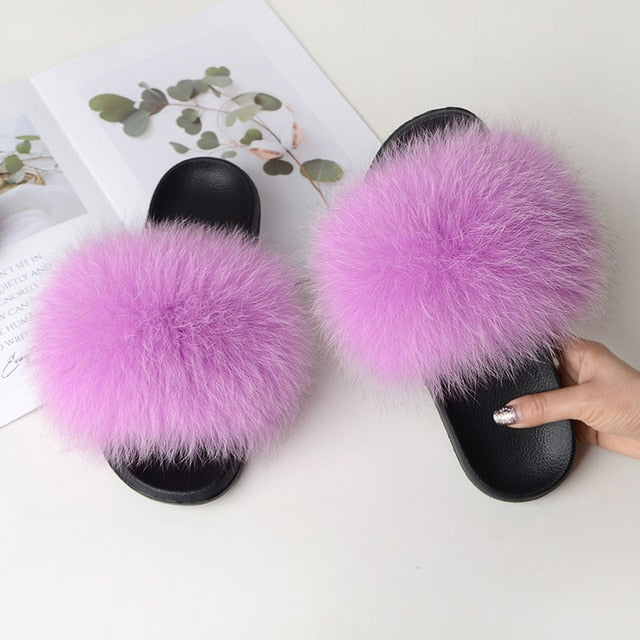 Women Summer Casual Fur Slippers Flat Non-Slip Solid Real Fox Hair Slides Large Size Fur Sandals Free Shipping