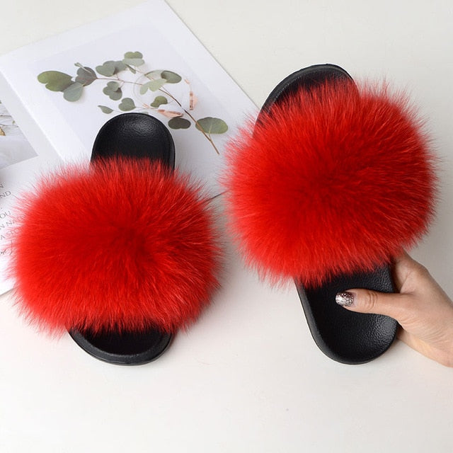 Women Summer Casual Fur Slippers Flat Non-Slip Solid Real Fox Hair Slides Large Size Fur Sandals Free Shipping