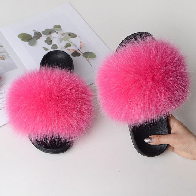 Women Summer Casual Fur Slippers Flat Non-Slip Solid Real Fox Hair Slides Large Size Fur Sandals Free Shipping