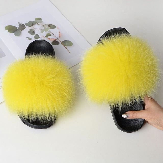 Women Summer Casual Fur Slippers Flat Non-Slip Solid Real Fox Hair Slides Large Size Fur Sandals Free Shipping