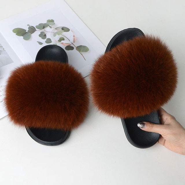 Women Summer Casual Fur Slippers Flat Non-Slip Solid Real Fox Hair Slides Large Size Fur Sandals Free Shipping