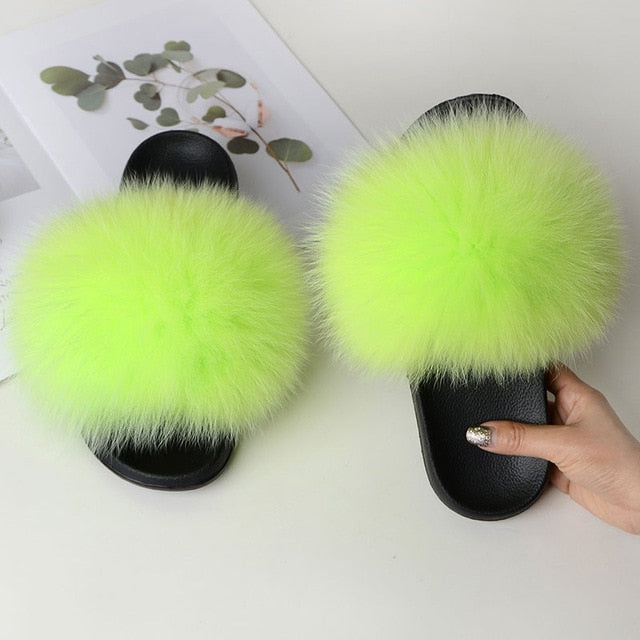 Women Summer Casual Fur Slippers Flat Non-Slip Solid Real Fox Hair Slides Large Size Fur Sandals Free Shipping