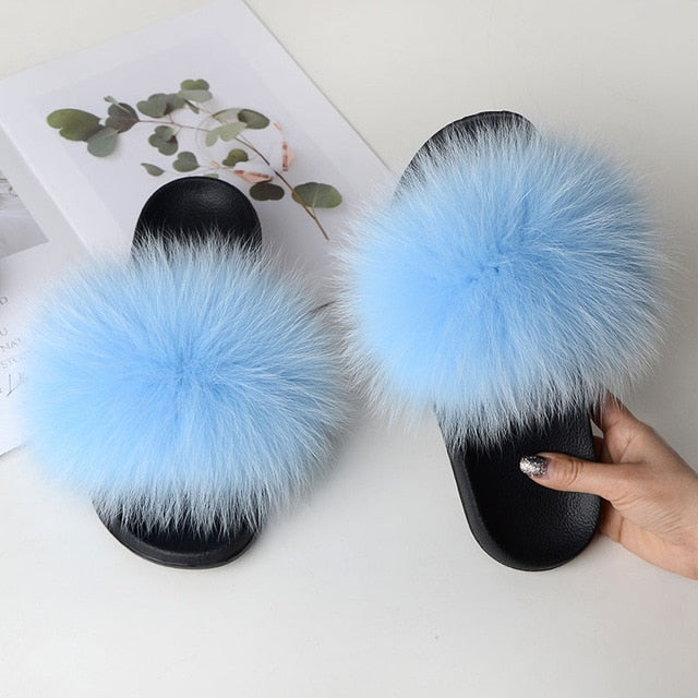 Women Summer Casual Fur Slippers Flat Non-Slip Solid Real Fox Hair Slides Large Size Fur Sandals Free Shipping