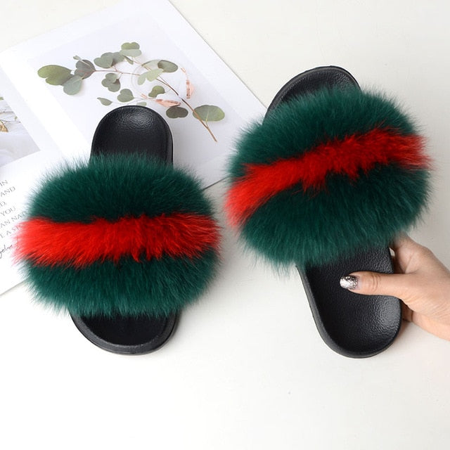 Women Summer Casual Fur Slippers Flat Non-Slip Solid Real Fox Hair Slides Large Size Fur Sandals Free Shipping