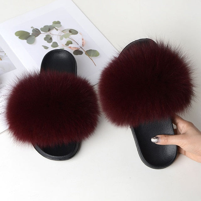 Women Summer Casual Fur Slippers Flat Non-Slip Solid Real Fox Hair Slides Large Size Fur Sandals Free Shipping