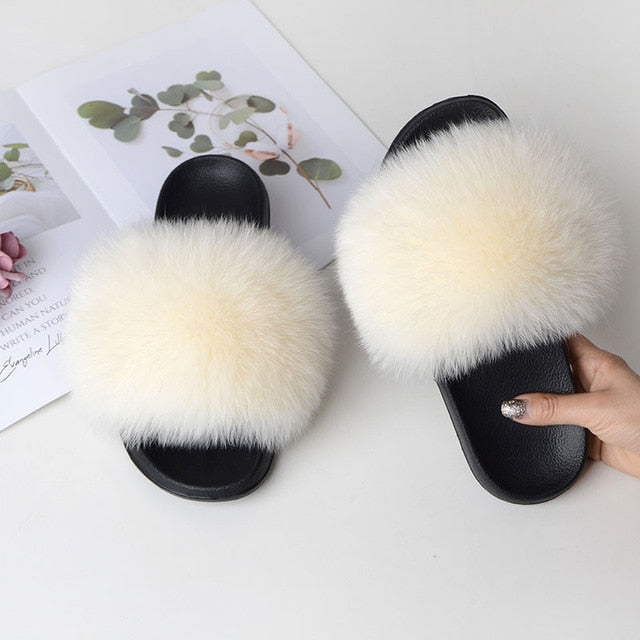 Women Summer Casual Fur Slippers Flat Non-Slip Solid Real Fox Hair Slides Large Size Fur Sandals Free Shipping