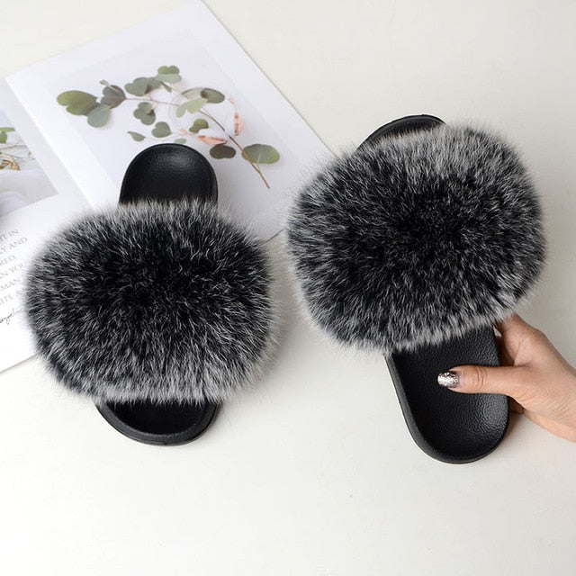 Women Summer Casual Fur Slippers Flat Non-Slip Solid Real Fox Hair Slides Large Size Fur Sandals Free Shipping