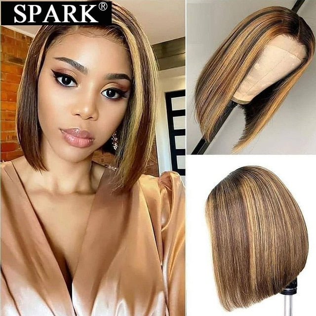 SPARK Human Hair Wig Ombre Bob Peruvian Straight Natural 1B/30&4/27 Highlight Short Bob Remy 4x4 Lace Closure Human Hair Wigs