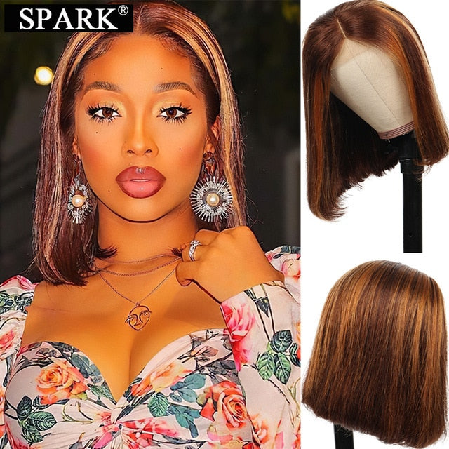 SPARK Human Hair Wig Ombre Bob Peruvian Straight Natural 1B/30&4/27 Highlight Short Bob Remy 4x4 Lace Closure Human Hair Wigs