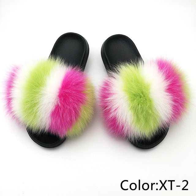 SARSALLYA Fur Slippers Women Real Fox Fur Slides Home Furry Flat Sandals Female Cute Fluffy House Shoes Woman Brand Luxury 2021