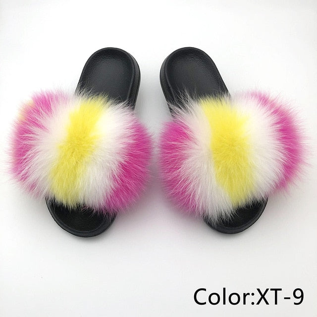 SARSALLYA Fur Slippers Women Real Fox Fur Slides Home Furry Flat Sandals Female Cute Fluffy House Shoes Woman Brand Luxury 2021