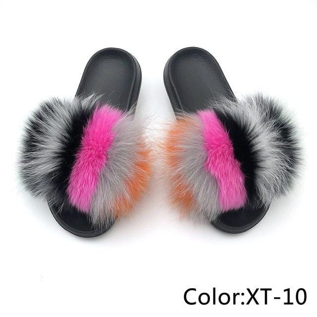 SARSALLYA Fur Slippers Women Real Fox Fur Slides Home Furry Flat Sandals Female Cute Fluffy House Shoes Woman Brand Luxury 2021