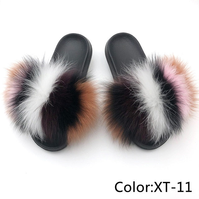 SARSALLYA Fur Slippers Women Real Fox Fur Slides Home Furry Flat Sandals Female Cute Fluffy House Shoes Woman Brand Luxury 2021