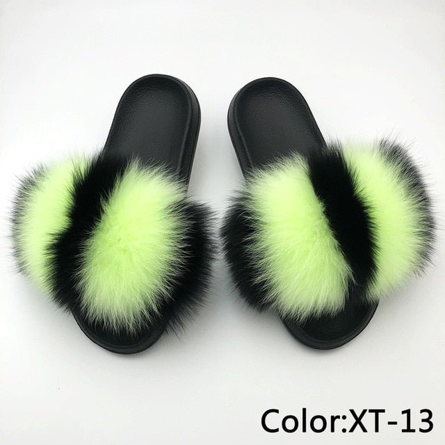 SARSALLYA Fur Slippers Women Real Fox Fur Slides Home Furry Flat Sandals Female Cute Fluffy House Shoes Woman Brand Luxury 2021