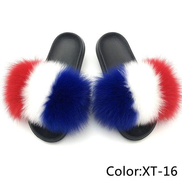 SARSALLYA Fur Slippers Women Real Fox Fur Slides Home Furry Flat Sandals Female Cute Fluffy House Shoes Woman Brand Luxury 2021