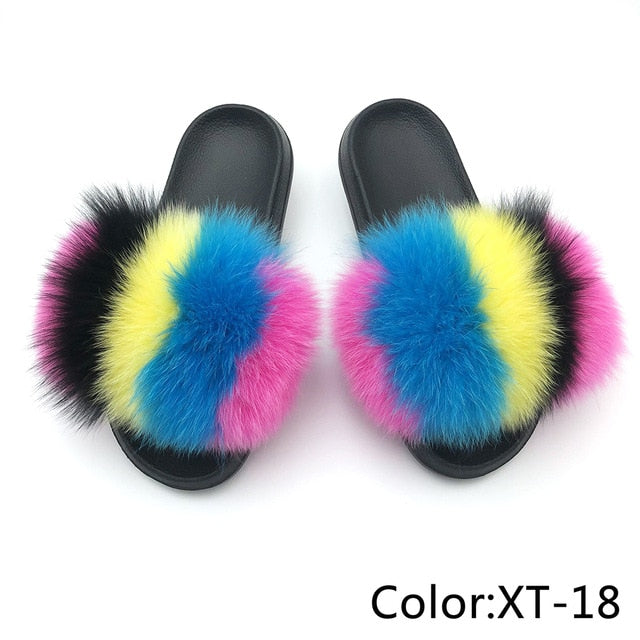 SARSALLYA Fur Slippers Women Real Fox Fur Slides Home Furry Flat Sandals Female Cute Fluffy House Shoes Woman Brand Luxury 2021