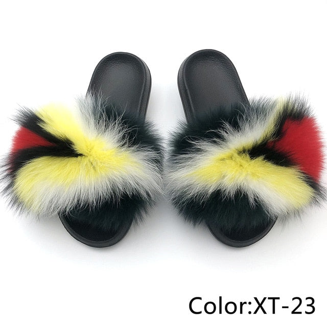 SARSALLYA Fur Slippers Women Real Fox Fur Slides Home Furry Flat Sandals Female Cute Fluffy House Shoes Woman Brand Luxury 2021