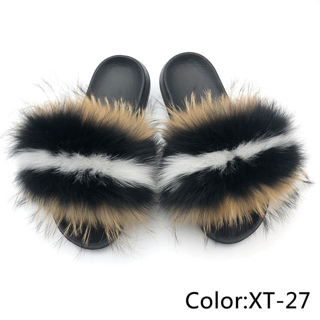 SARSALLYA Fur Slippers Women Real Fox Fur Slides Home Furry Flat Sandals Female Cute Fluffy House Shoes Woman Brand Luxury 2021