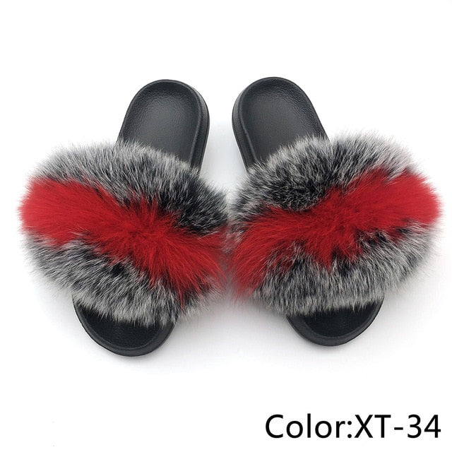 SARSALLYA Fur Slippers Women Real Fox Fur Slides Home Furry Flat Sandals Female Cute Fluffy House Shoes Woman Brand Luxury 2021