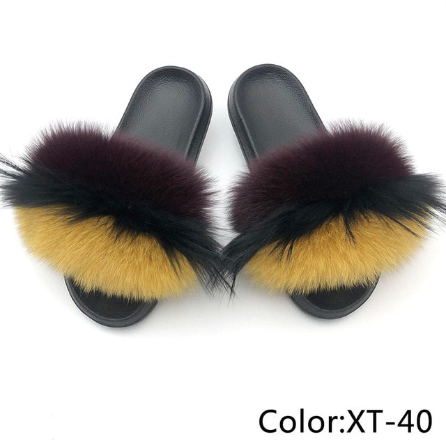 SARSALLYA Fur Slippers Women Real Fox Fur Slides Home Furry Flat Sandals Female Cute Fluffy House Shoes Woman Brand Luxury 2021