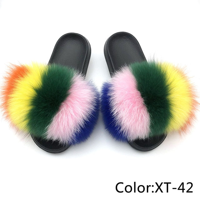 SARSALLYA Fur Slippers Women Real Fox Fur Slides Home Furry Flat Sandals Female Cute Fluffy House Shoes Woman Brand Luxury 2021