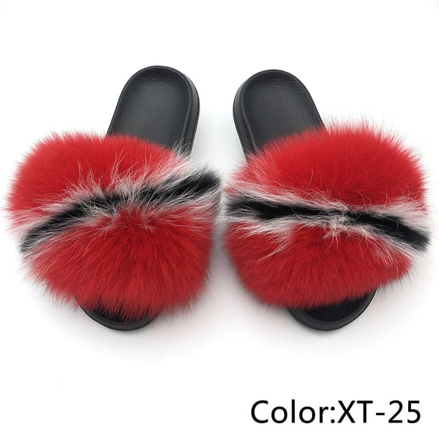 SARSALLYA Fur Slippers Women Real Fox Fur Slides Home Furry Flat Sandals Female Cute Fluffy House Shoes Woman Brand Luxury 2021