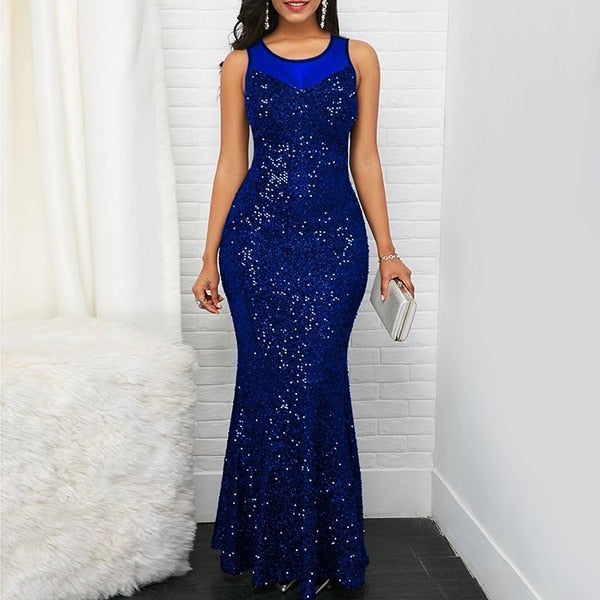 Sequin Prom Long Dress for Women Elegant Sleeveless Party Evening Slim Bodycon Maxi Dresses Party Club Night Mermaid Vestido