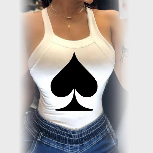 Women Elegant Backless Poker Spades Q Print Blouse Shirt 2020 Summer Sexy Sleeveless Bowknot Top Ladies New Fashion Straps Blusa