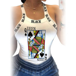 Women Elegant Backless Poker Spades Q Print Blouse Shirt 2020 Summer Sexy Sleeveless Bowknot Top Ladies New Fashion Straps Blusa