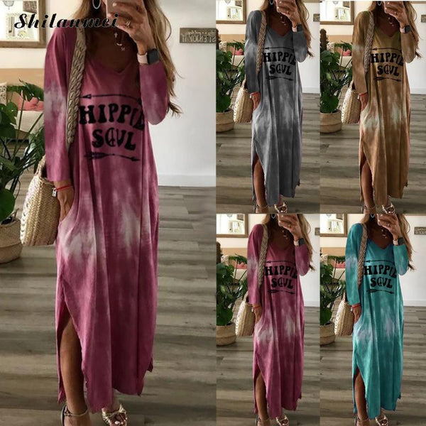 Letter Printing Long Sleeve Maxi Dress Casual Slit Tie & Dye