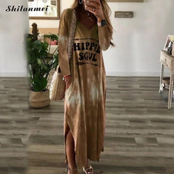 Letter Printing Long Sleeve Maxi Dress Casual Slit Tie & Dye