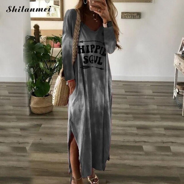 Letter Printing Long Sleeve Maxi Dress Casual Slit Tie & Dye