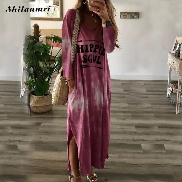 Letter Printing Long Sleeve Maxi Dress Casual Slit Tie & Dye