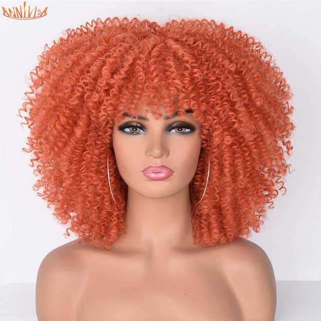 Short Hair Afro Kinky Curly Wigs With Bangs For Black Women African Synthetic Ombre Glueless Cosplay Wigs High Temperature 14"