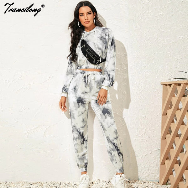 Spring Tie Dye Print Women 2021 Tracksuit Sets Casual Hooded Crop Top Sweatshirt + Sport Pants Lady Two Piece Suits Lounge Wear