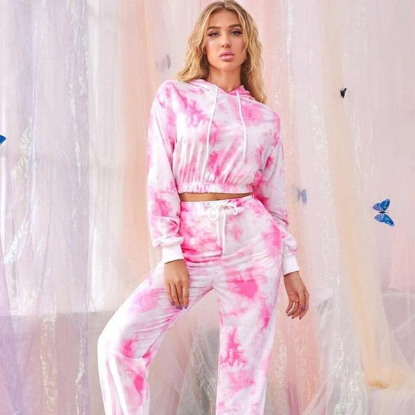 Spring Tie Dye Print Women 2021 Tracksuit Sets Casual Hooded Crop Top Sweatshirt + Sport Pants Lady Two Piece Suits Lounge Wear