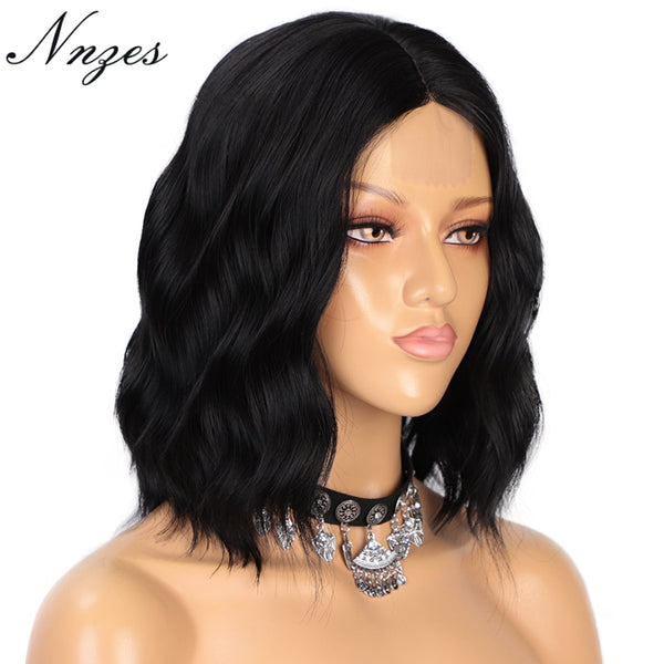 14inches Short Natural Wave Bob Wig Middle Part Black Wig Heat Resistant Wavy Synthetic Wigs for Black Women